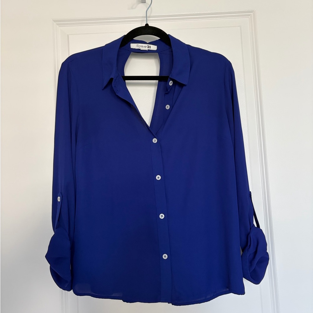 Forever 21 Cobalt Blue Button-Down Peplum Back Blouse